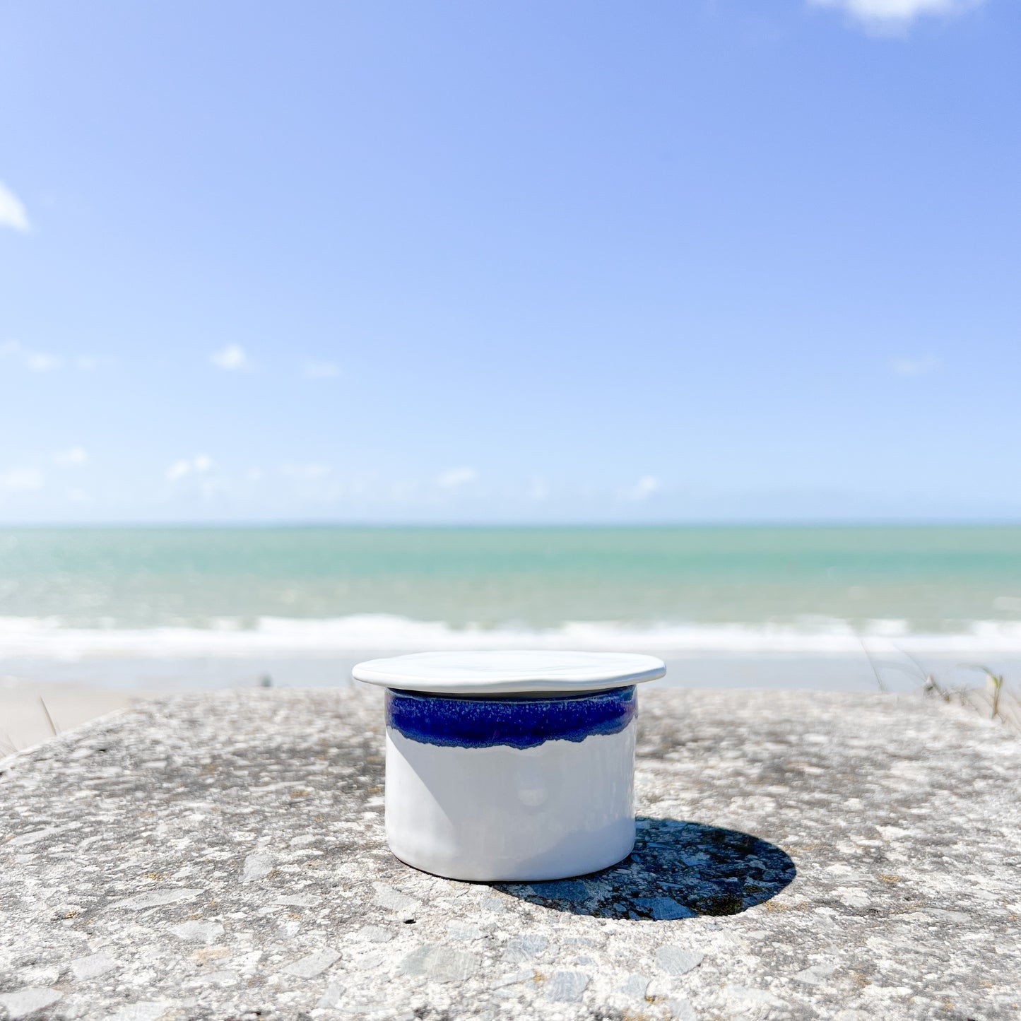 Beurrier à eau - Grès blanc, émail blanc et bleu