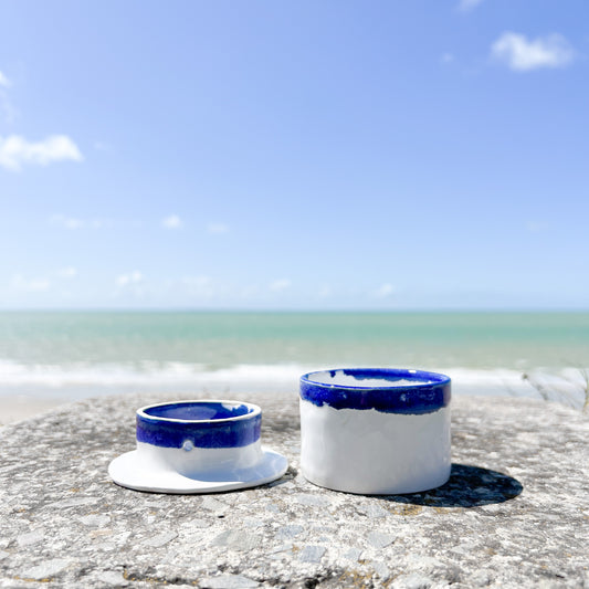 Beurrier à eau - Grès blanc, émail blanc et bleu