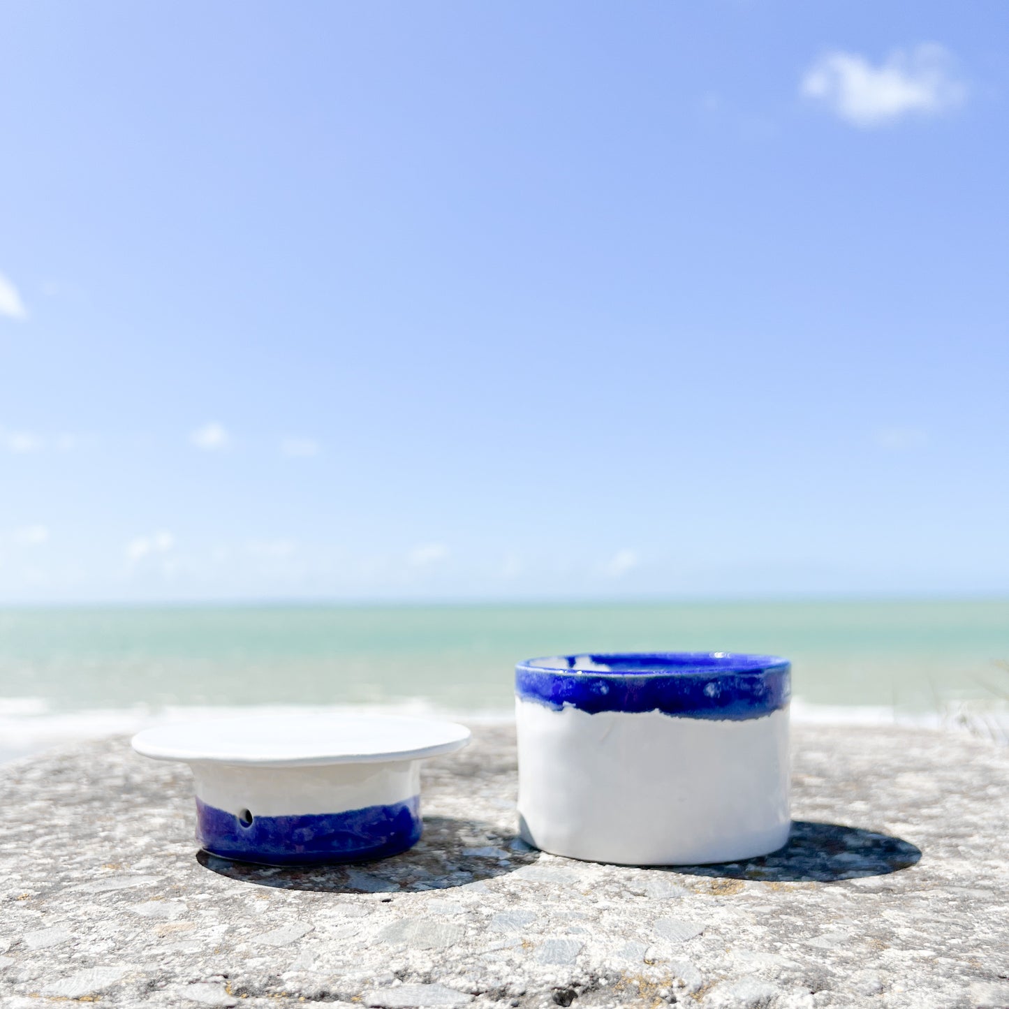 Beurrier à eau - Grès blanc, émail blanc et bleu